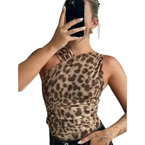 Women's Leopard Print Asymmetrical Neck Ruched Mesh Medium Stretch Slim Fit Bodysuit, Fashion Casual Sleeveless Bodysuit for Summer, Ladies Clothes for Holiday Party Club Piece