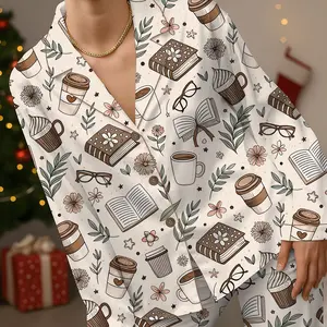 Women’s Beige Coffee And Books Reading Lover Girly Bookish Print Latin Pajama Set, Short & Long Sleeve Satin Pajama Set