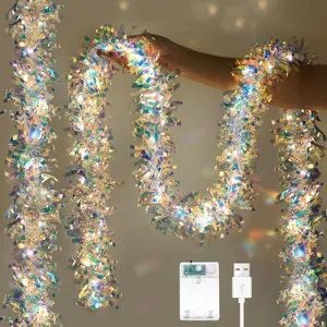 Christmas Tinsel Garland with Lights Iridescent Metallic Foil Garland 16.4FT USB & Battery Powered Shiny Streamers for Christmas Tree, Indoor Outdoor Holiday Party Decorations 2 Pack