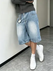 Men's Vintage Washed Distressed Seven-Eighths Jeans Shorts, Y2K Streetwear Style, Casual, Loose Fit, Relaxed Fit, Summer & Fall Fashion, Perfect Gift for Him