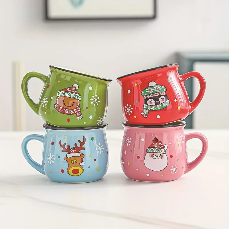 Cute Christmas Ceramic Mug Set - 4 Styles with Santa, Snowman, Elk Cartoon Designs, Ideal for Coffee, Cocoa, Milk Tea, Holiday Gift Drinkware (Home & Festive Party Supplies)
