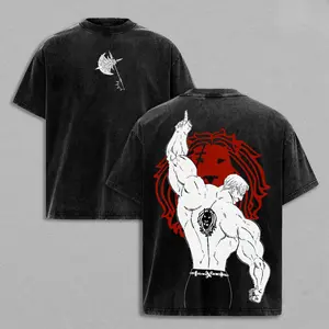 Unisex Oversized Seven Deadly Sins Escanor Graphic T-Shirt Short Sleeve Tee Double Sided Lion Sin of Pride Print Washed Casual Streetwear Tops for Anime Fans