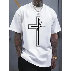 Cotton Short Sleeve  T-Shirt Men'S Summer Casual Sports T-Shirt with Religious Cross Print, Polyester 100%, Crew Neck, Short Sleeve, Geometric Pattern, Rib-Knit, Slight Stretch, Loose Fit, 160gsm Knit Fabric  Streetwear White Graphic tees Crewneck Top