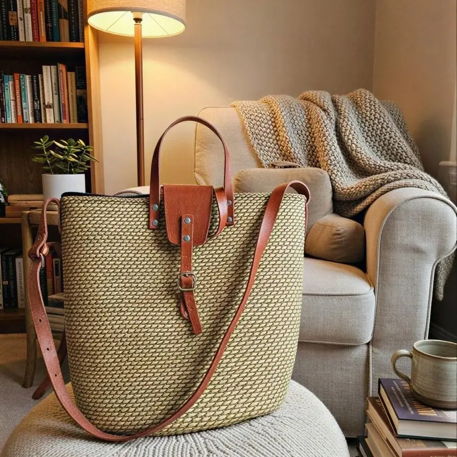 Handwoven Straw Basket Tote Bag with Leather Handles and Crossbody Strap