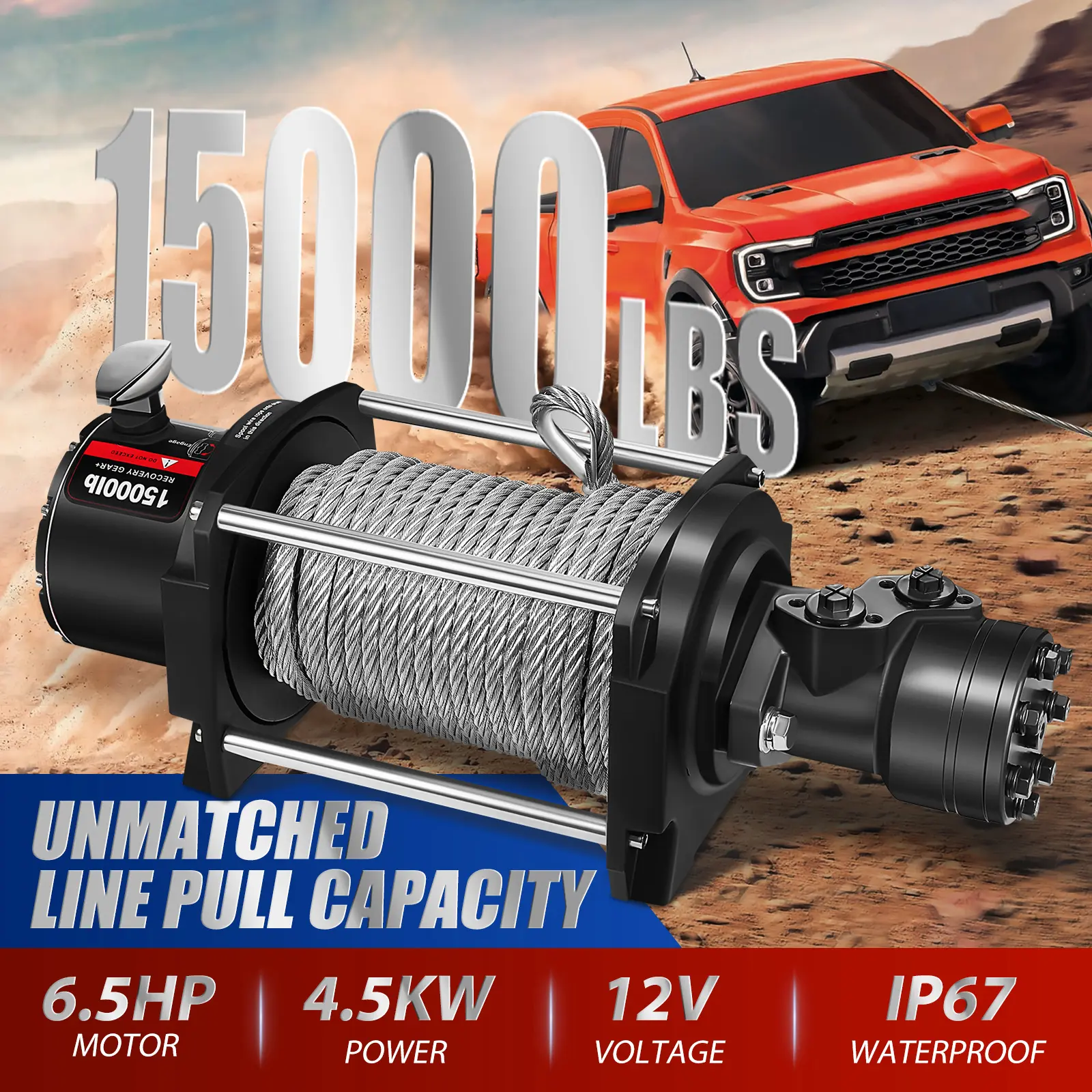 15000 LB Heavy-Duty Hydraulic Truck Winch with Steel Cable, Professional Vehicle Towing & Off-Road Recovery Equipment
