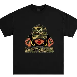 Sagittarius Zodiac T-Shirt Black Girl Graphic Tee Camo Hat Astrology Sign Shirt Sagittarius Season Horoscope Gift for Women Trendy Streetwear Outfit Birthday Gift Unisex Apparel