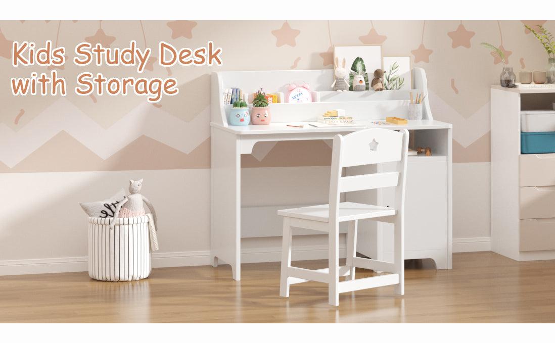 GARVEE Stylish Wooden Study Desk and Chair Set with Hutch and Storage for Ages 3-12, Ideal for Bedrooms and Study Rooms, Perfect for Student Writing and Computer Workstation.