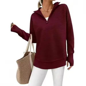 Women’s Cozy Ribbed Knit Quarter Zip Pullover Sweater with Thumbholes, Soft and Warm V-Neck Collared Long-Sleeve Jumper Top for All Seasons