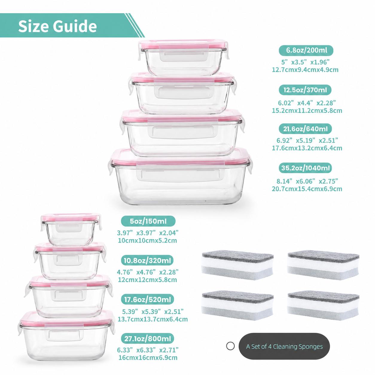 Premium Borosilicate pink Food Storage Containers 8 Pack Stackable Square Design with Airtight Lids Green Rectangle Safe for Oven Microwave Freezer High Temperature Durable Kitchen Utensils#Summervibes