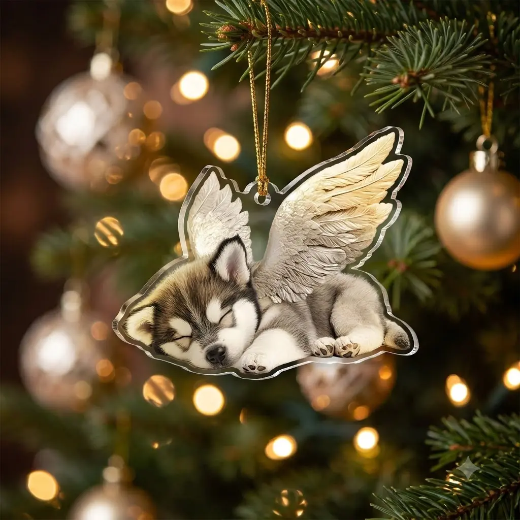 Memorial Acrylic Ornament 2026 with Angel Wings, Pet Loss Keepsake Ornaments for Christmas Tree, Bridge Remembrance Gifts, Sympathy Ornament for Dog Lovers, Owner
