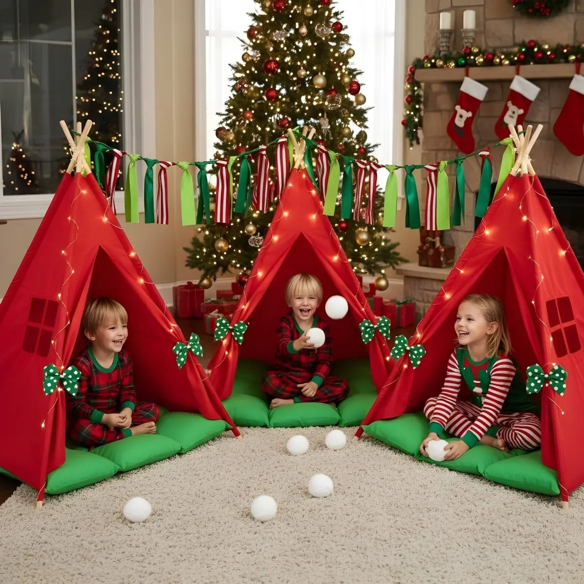 Magical Santa Christmas Decor Cotton Sleepover Bundle - Teepees, Sequin Banner, Fairy Lights, Inflatable Pillows for Kids' Festive Adventure & Decor