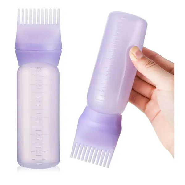 Pimoys Root Comb Applicator Bottle 6 Ounce, Oil Applicator for Hair Dye, Hair Oiling Bottle Brush with Graduated Scale, Purple