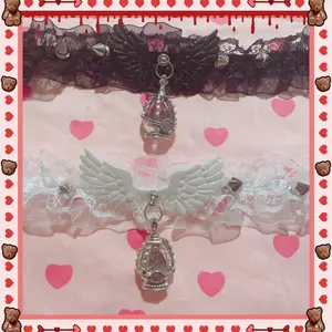 Magical Girl Madoka & Homura Soul Gem Wing Choker with Wing Design and Bow, Pink and Purple