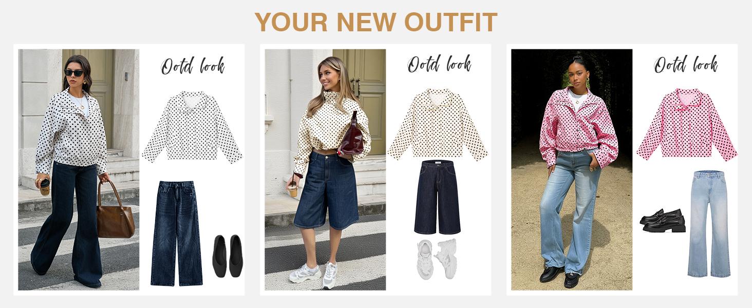 Tankaneo Womens Zip Up Cropped Jackets Polka Dot Oversized Jackets Spring Lightweight Trendy Casual Coats