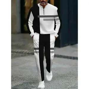 The new men’s color-block sports set features a white half-zip sweater paired with matching pants, adorned with black and yellow stripes, exuding a trendy vibe. The fabric is comfortable and skin-friendly, suitable for daily commuting and casual wear.