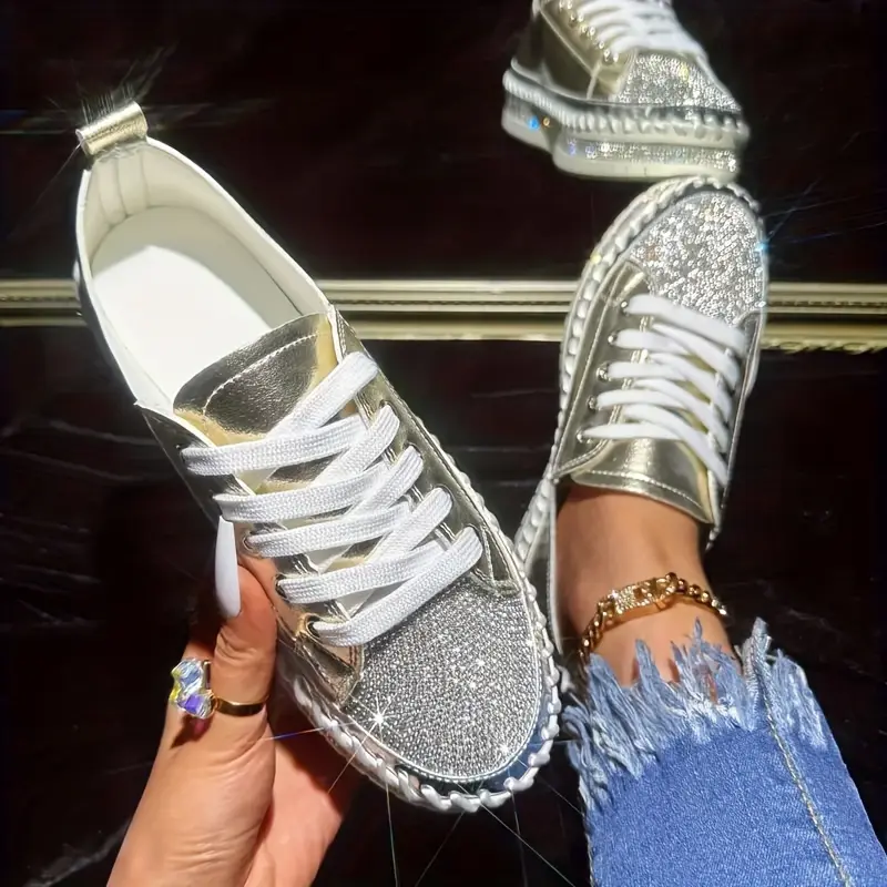 [Rhinestone Sneakers] Comfortable Women's Rhinestone Decor Sneakers | Casual Lace Up Outdoor Shoes, Low Top Plus Size