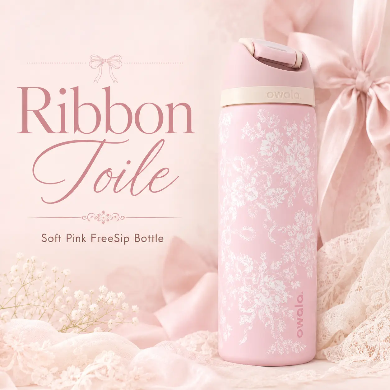 Owala FreeSip Ribbon Toile Limited Edition Insulated Water Bottle – Urban Outfitters Exclusive Coquette Bow Design