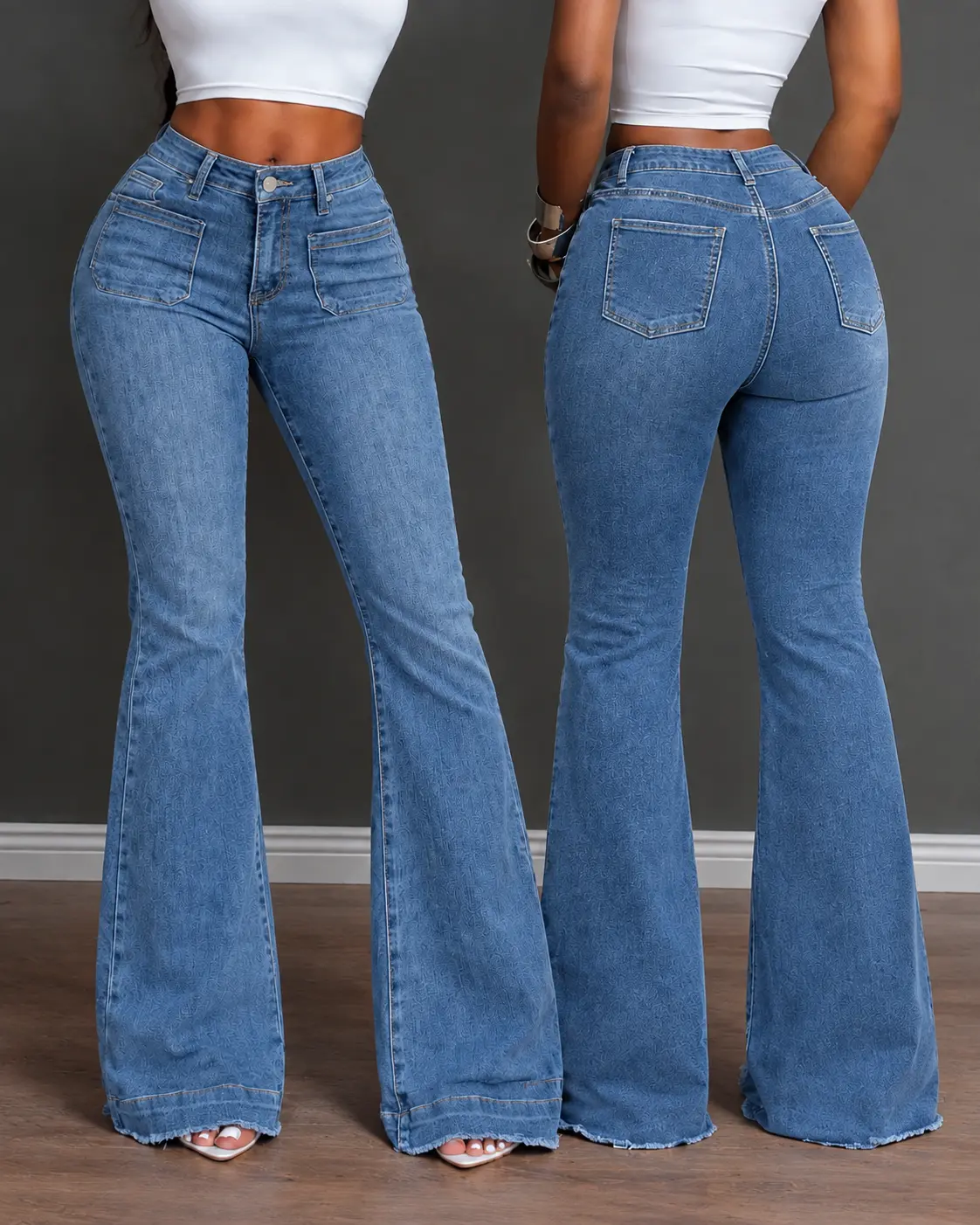 Women's High-Waist Stretch Flare Blue Crop Jeans - Vintage Washed Denim Pants with Patch Pockets, Casual Retro Bottoms