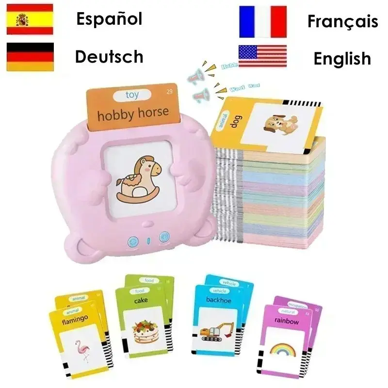 Cute Portable Rechargeable Kids' Language Learning Machine (Ages 3+), Talking Flash Cards Set with 112 Double-Sided Cards, 224 Sight Words, Animal Sound Reader, Screen-Free, Multilingual, 6-Hour Battery, Educational Toy Gift