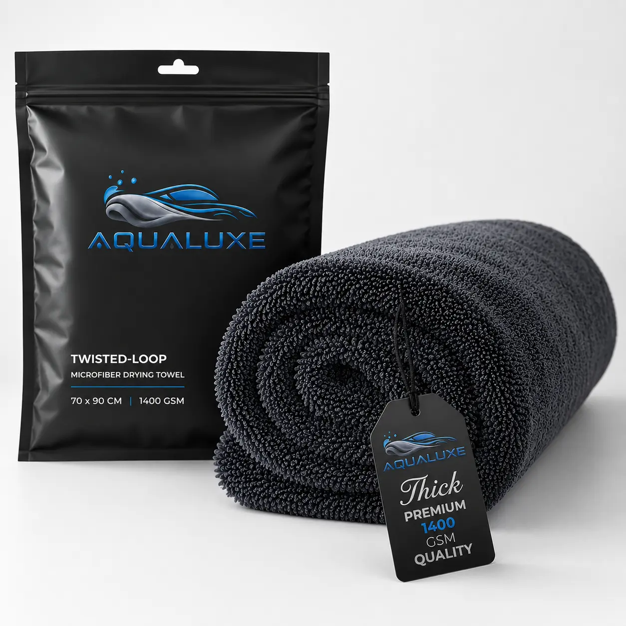 AQUALUXE Microfiber Car Drying Towel 1400GSM Double-Sided Twisted Loop Ultra Absorbent Car Wash Cleaning Cloth Soft Scratch Proof / Lint Washing Towel - 90/70cm
