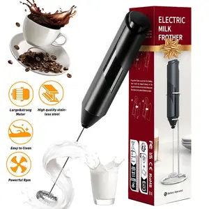 Milk Frother Handheld Electric Foam Maker, Drink Mixer with Stainless Steel Whisk for Cappuccino, Bulletproof Coffee, Latte, Black, Battery Operated with Stainless Steel Stand#Summervibes