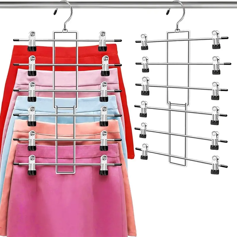 1/2 counts/set Pants-Hangers-Space-Saving, Space Saver Hangers, 6 Tier-Organizers-and-Storage, Garment Organizer, Skirt Hangers with Clips, Clothes Hanger Rack, Hanging Clothes Storage, College Dorm Essentials