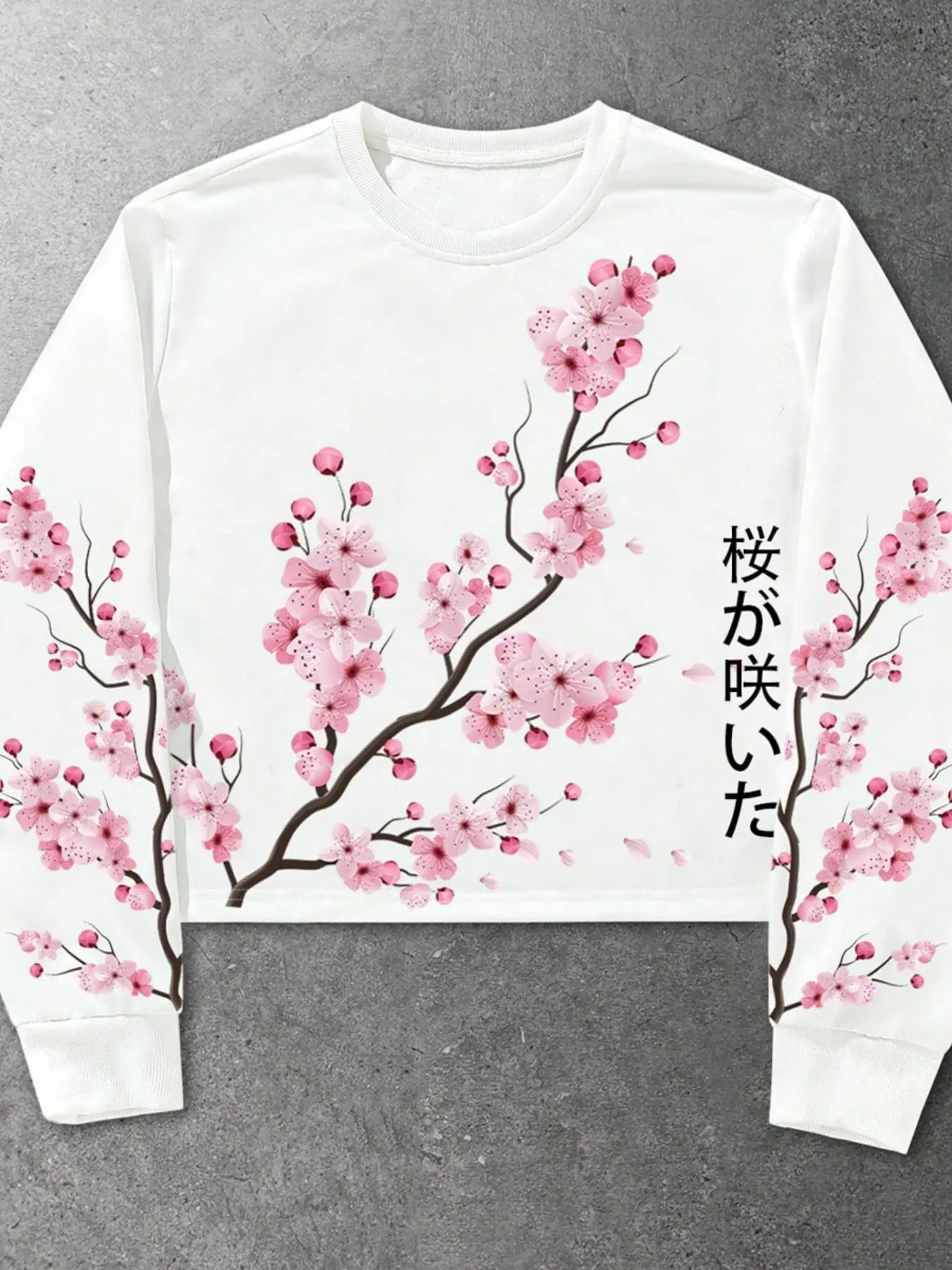 1pc Men's Japanese Harajuku Sweatshirt Pink Cherry Blossom Graphic Print White Crewneck Pullover Sakura Aesthetic Streetwear Top for Men