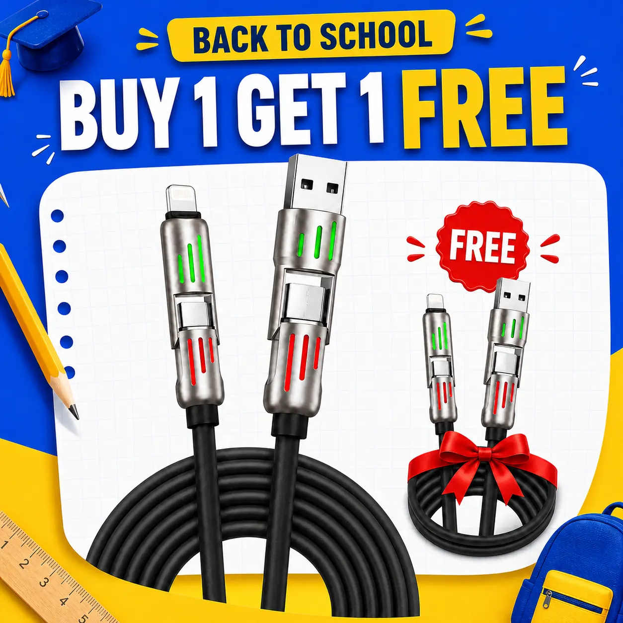 【Buy 1 Get 1 Free】6.6FT 4-in-1 USB-C Cable, PD Fast Charging, For Data Sync, USB-A, Type-C, Light.ning, Aluminum, Portable Charger, #tiktokshopbacktoschool