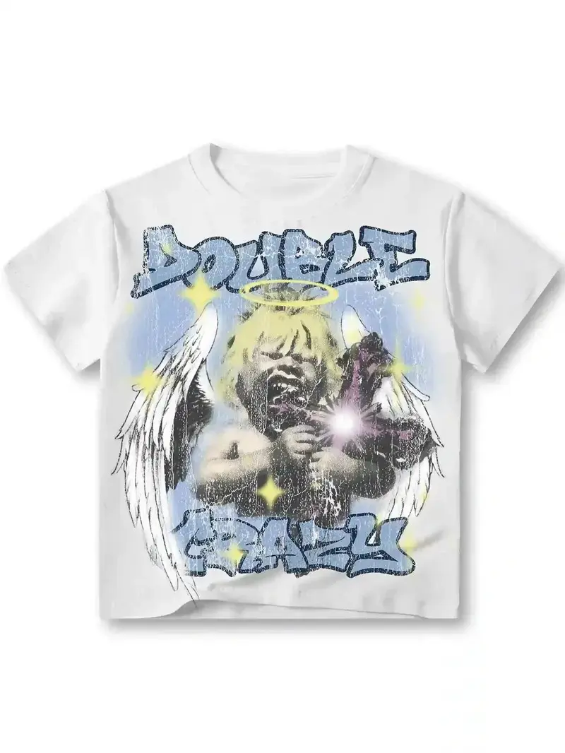 [no rhinestones] Y2K Grunge Angel Graphic Tee Double Crazy Cherub Vintage Streetwear Tshirt Aesthetic Retro Punk Short Sleeve Top Crewneck Premium Cotton Tee Gift for Men Women