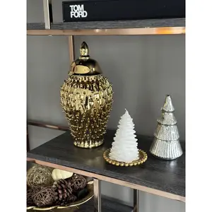 Becca Studded Ginger Jar Ceramic Decor Vase with Lid Small 8.3x8.3x15 & Large 9.4x9.4x18.9 Inches Handmade Unique Charm Glam from China Golden Studded Design for Home Ornaments