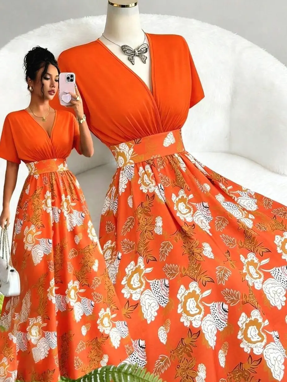 Women's Bohemian Maxi Dress - Orange V-Neck Pleated Waist Patchwork for Spring/Summer