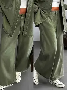 KCGH Plus Size Women's Green Jeans Y2K Vintage Loose Straight Leg Slim Fit Mid Waist Denim Pants Casual All Season Streetwear