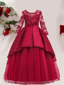Girl's Appliques Rhinestone Decor Tiered Layer Tulle Formal Dress, Elegant Long Sleeve Round Neck Fit & Flare Dress for Party Wedding Guest, Kids Clothes for All Seasons
