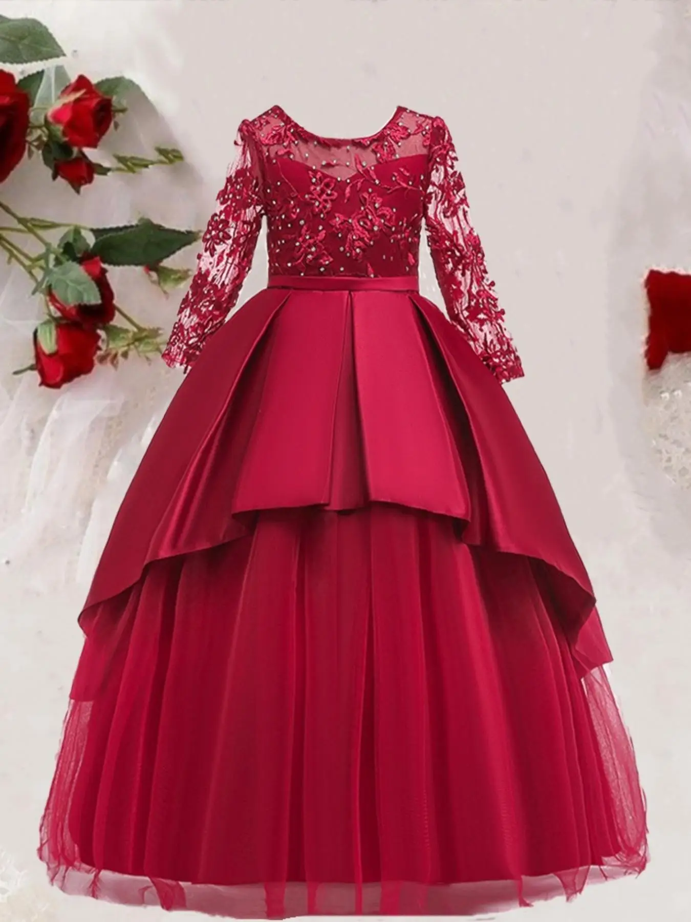 Girl's Appliques Rhinestone Decor Tiered Layer Tulle Formal Dress, Elegant Long Sleeve Round Neck Fit & Flare Dress for Party Wedding Guest, Kids Clot
