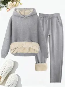 Women's 2 Piece Casual Sportswear Set, Sweatsuits Set, Fleece Lined Hoodie and Straight Leg Pants, Fashionable Comfortable Daily Wear