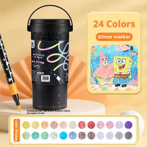 24 Color Glitter Markers Pens,Glitter Colors Paint Pens Sparkly Metallic Shimmer Acrylic Marker Fine Point Tip 0.7mm Water-based Ink for Kids Adults DIY Crafts Greeting Birthday Cards,Gift a storage pen holder