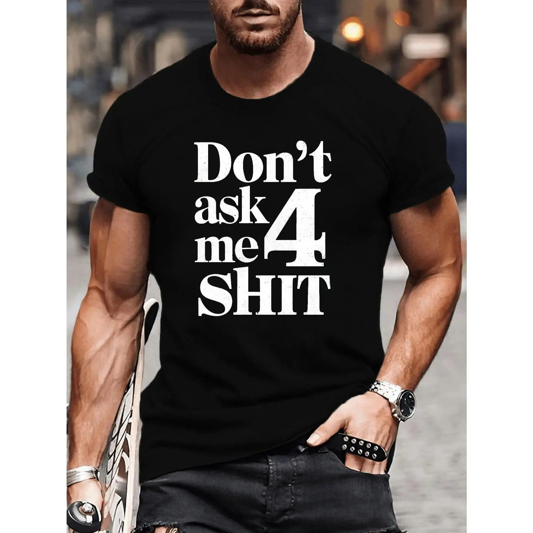 Men'S Trendy Cotton Graphic T-Shirt - Don'T Ask Me 4 Shit Bold Letter Print, Casual Short Sleeve Crew Neck Top For Casual Attire