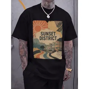 Sunset District Vintage Sunset Graphic Tee Retro Printed Tee With Coastal Road And Victorian Row Houses, Faded Sun And Palm Leaf Illustration, Unisex Top Casual Wear Summer Shirt Streetwear Style Aesthetic Tee Trendy Soft Fabric Design