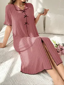 Sweet Bowknot Women's Nightdress, New Arrival Spring Early Autumn Elegant Long Dress Homewear, Loungewear, Comfortable Sleepwear for Ladies