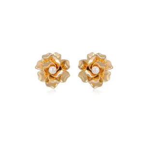 Golden Petals and Pearl Stud Earrings