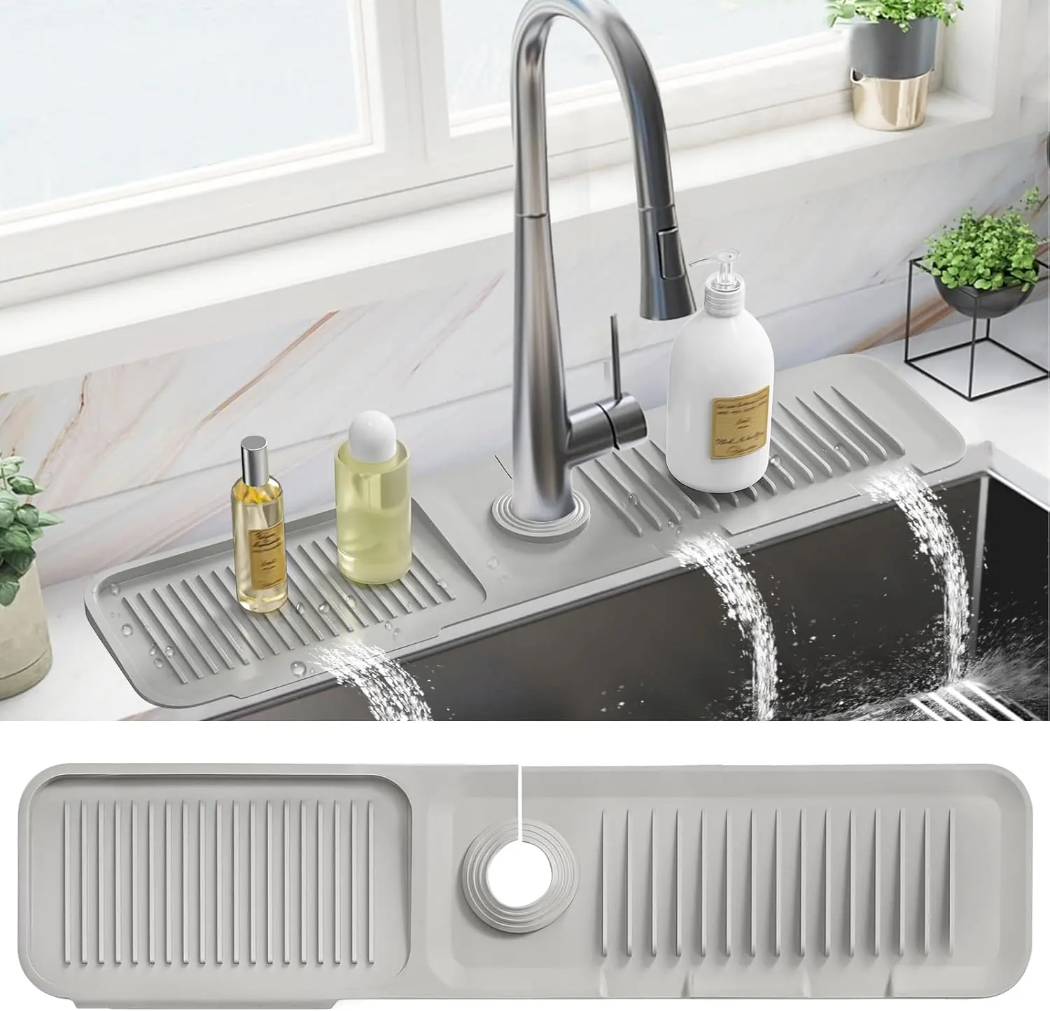 24 in Silicone Kitchen Sink Faucet Mat - 5° Slope Draining, Splash Proof Guard, Adjustable Dish Soap Sponge Storage, 24 x 5.5 in Kitchen Household Products (Grey)