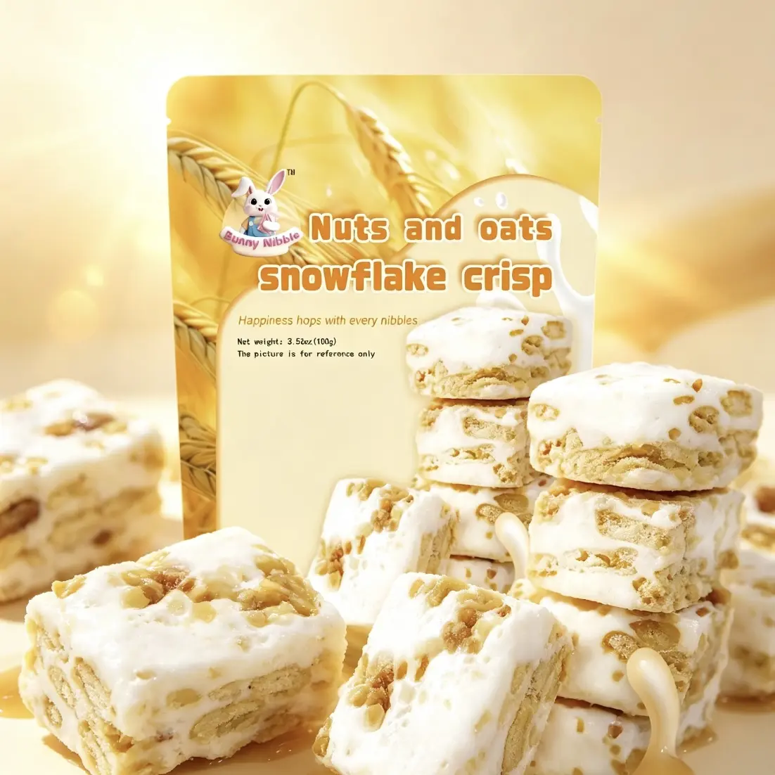 1packNuts and Oats Snowflake Crisp, Chewy Crunchy Asian Nougat Snack, Milky Marshmallow Cereal Treats, Portable Individually Wrapped Sweet Confection for Office Travel Party bar