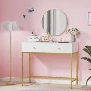 SUPERJARE 35.4" White and Gold Desk with 2 Drawers, Modern Makeup Vanity Desk, Small Computer Desk Home Office Desk for Writing Study Bedroom