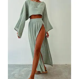 Linen Blend Crop Top Set Women's Vacation Outfit High Waist Split Hem Breathable Daily Wear Short Chic