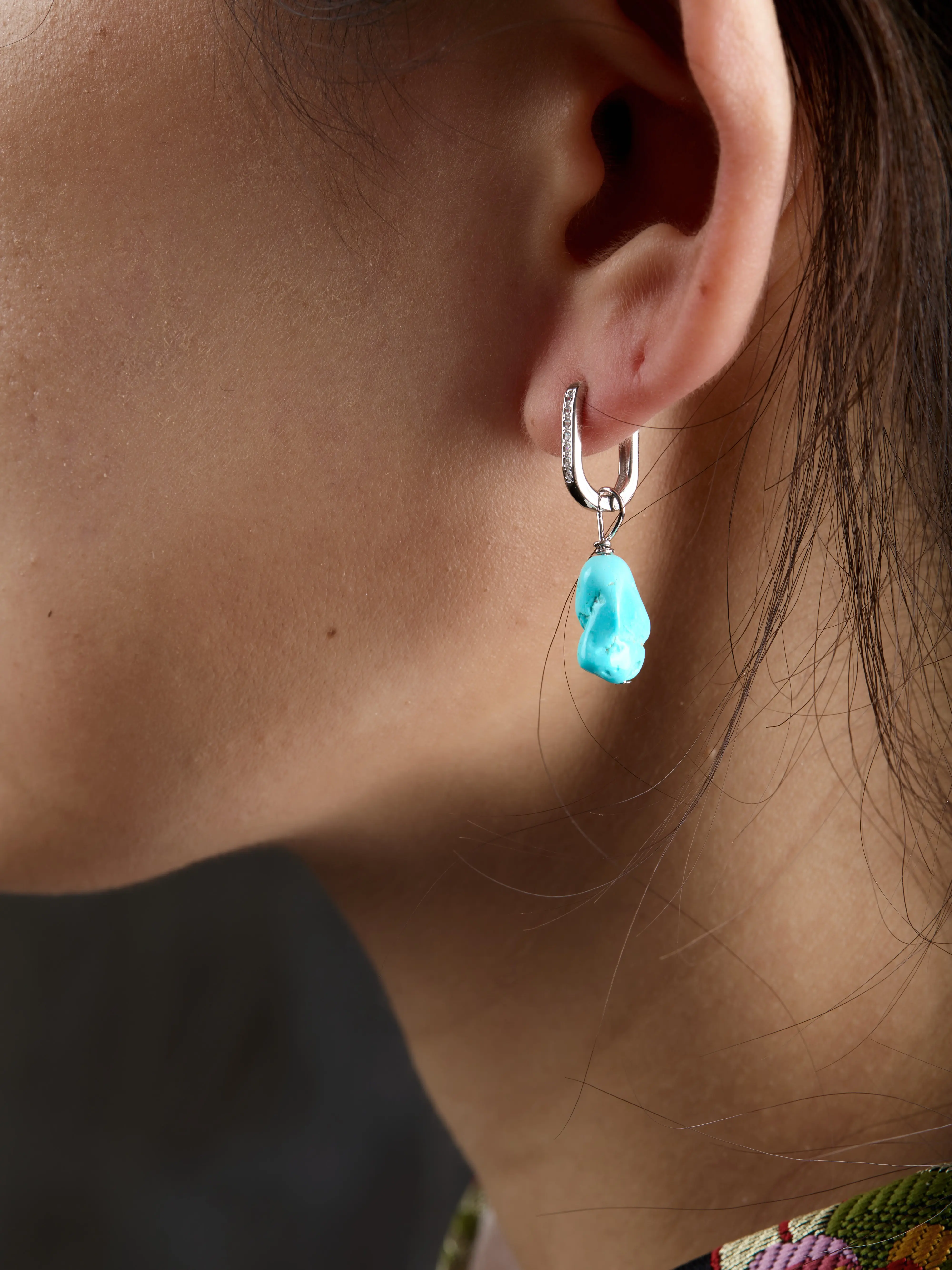 Drolma Freeform Turquoise Earrings - Genuine Turquoise, Handcrafted Natural Gemstone, 925 Sterling Silver, Tibetan Design, Elegant Jewelry