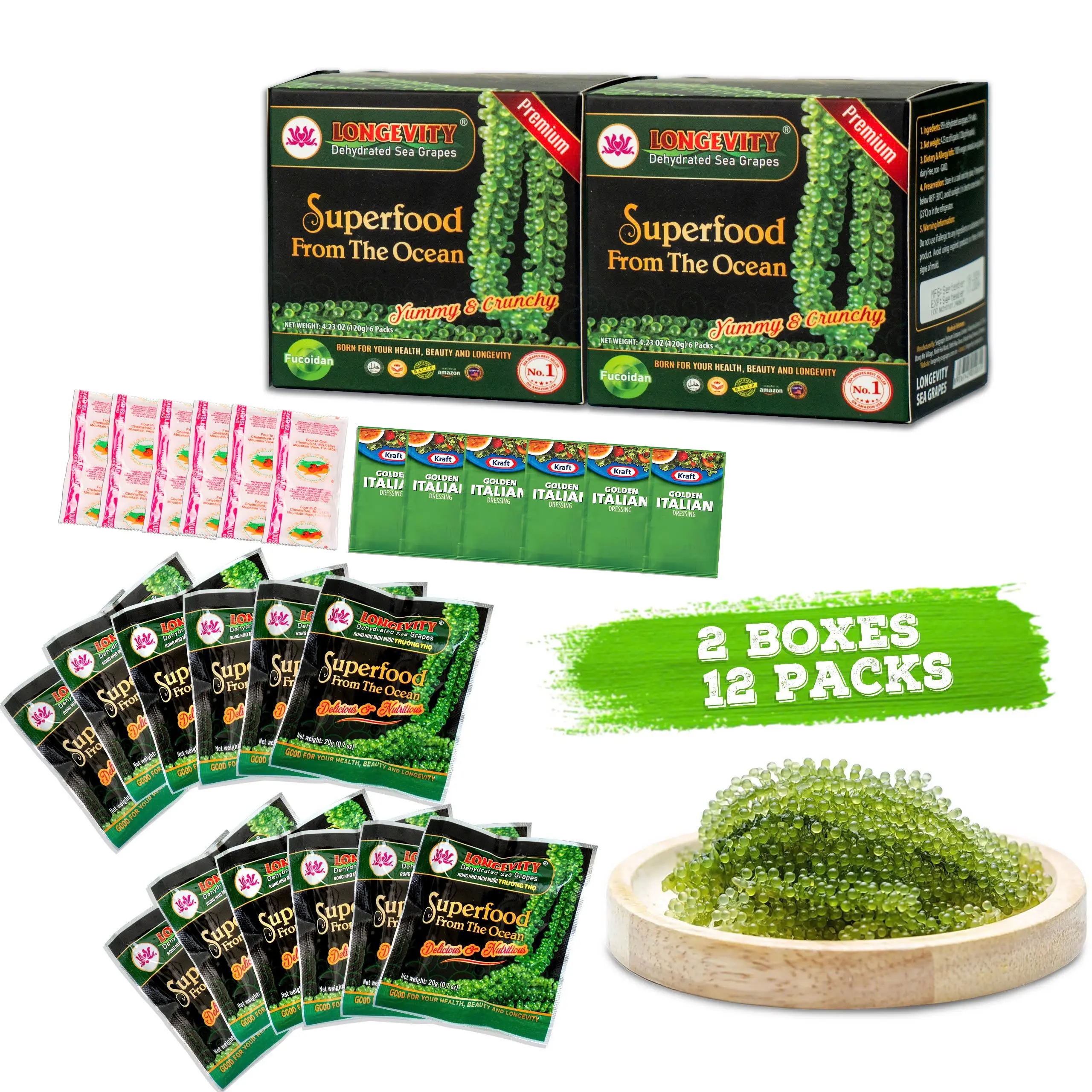 2 BOXES Longevity Dehydrated Sea Grapes - COMBO 2 BOXES 12 Packs Green Caviar Umibudo Latok Seaweed Organic Premium Quality Crunchy Flavor Superfood From The Ocean