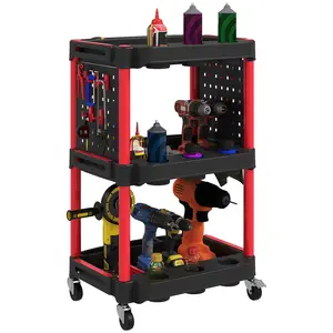 HOMCOM 3-Tier Rolling Plastic Tool Cart - 200 LBS Capacity, Lockable Multifunctional Organizer with Wheels, Side Shelves & Multilayer Shelf, Garage Storage Rack for Garage, Workshop