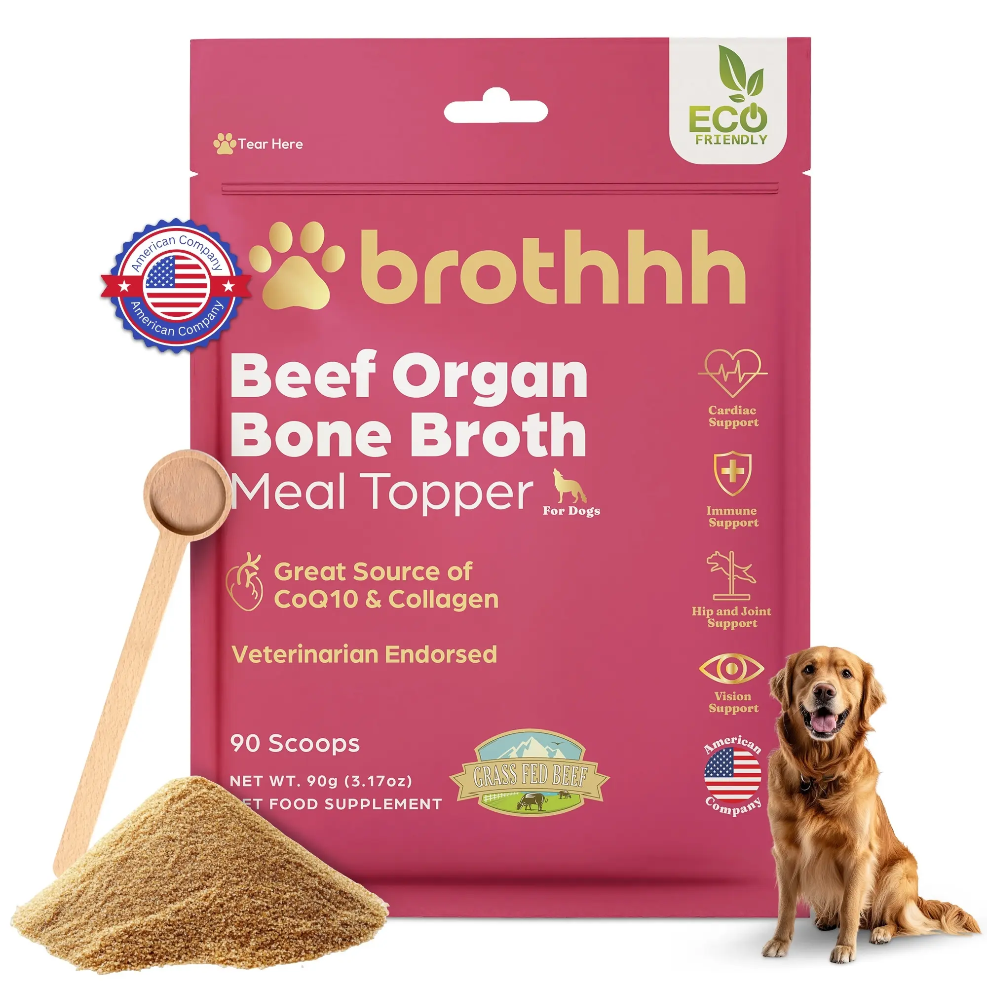 Brothhh Beef Organ Bone Broth Meal Topper for Dogs 100% Grass Fed Pasture Raised Made in The USA 90 Powder Servings No Water Needed Supplements Scoop