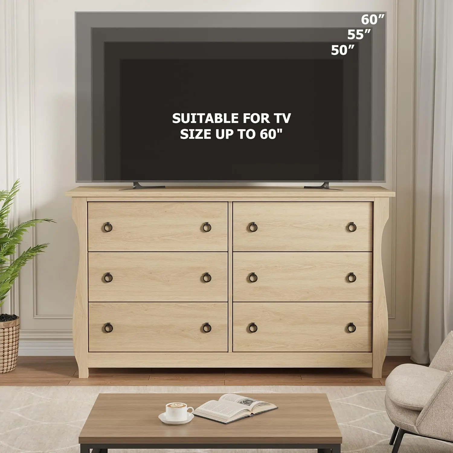 Boho 6-Drawer Wood Dresser - Engineered Wood, Sliding Doors, Curved Legs, Rattan Accents, Extra Deep Drawers, French-Inspired Indoor Bedroom Furniture, Simple Setup, Wood Drawers Dresser