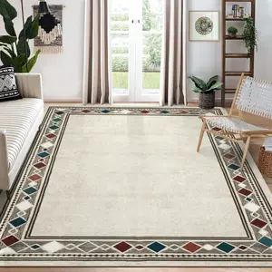 GARVEE - Large Area Rug 10 x 13 Inches, Modern Rug with Border for Bedroom, Non-Slip, Retro Style, Geometric Design, for Dining Room, Bedroom, Office, Beige Color